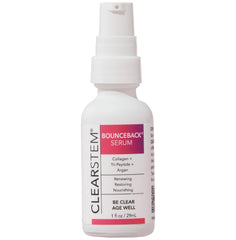 CLEARSTEM BounceBack serum bottle closeup showing radiant, hydrated-looking skin benefits