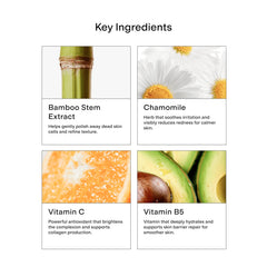 CLEARSTEM VitaminScrub green tea infusion calms irritated areas.