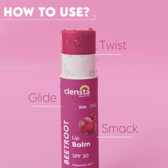 Clensta Beetroot Lip Balm SPF 30 label highlighting sun protection.
