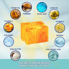 Clerzena Honey Kojic Turmeric Soap Bar application image suggests nourishing skin after wash.