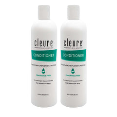 Cleure hydrating fragrance-free conditioner bottle with hypoallergenic formula for sensitive scalps and dry hair.