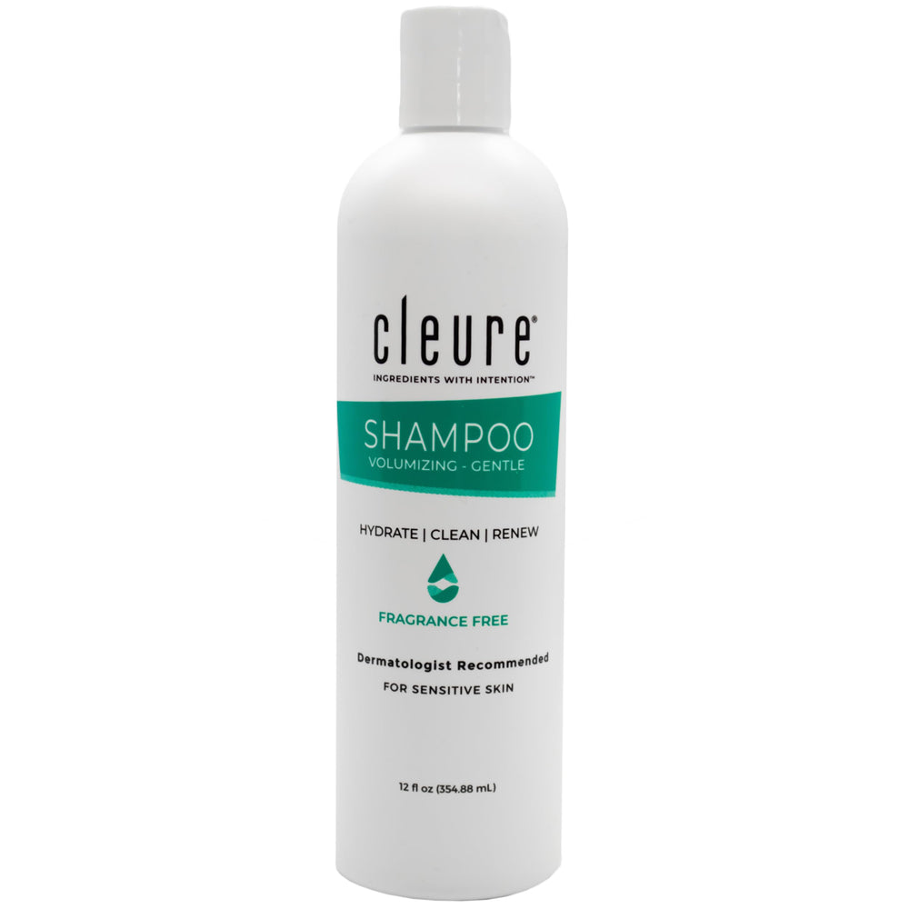 Cleure hypoallergenic volumizing shampoo bottle front, fragrance-free formula for sensitive skin.