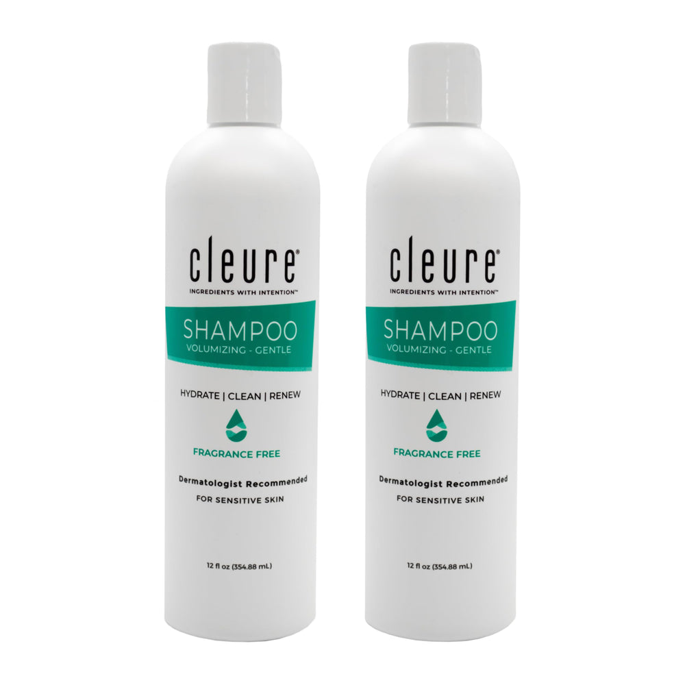 Cleure hypoallergenic shampoo bottle label highlights fragrance-free, gentle formula for sensitive skin.