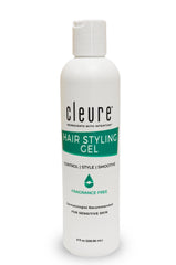 Cleure lightweight gel front view; fragrance-free, hypoallergenic styling for sensitive scalps.