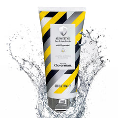 Cleverman Sensitive Face and Beard Scrub pack shot highlighting peppermint calming cleansing