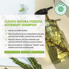 Clevos Natura Foresta Rosemary Shampoo label highlighting organic hypoallergenic care