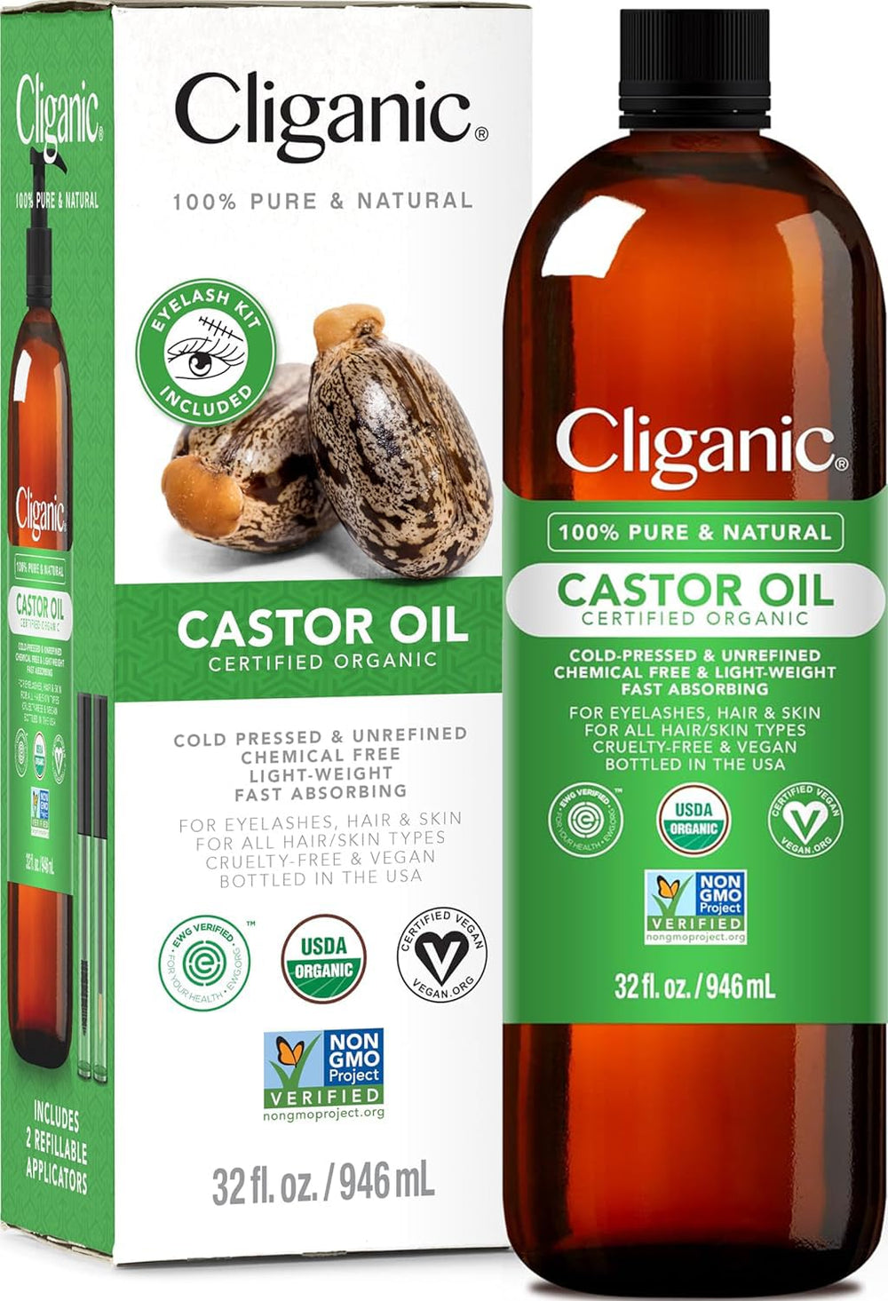 Cliganic Castor Oil 32oz bottle for lash, brow, and skin care.