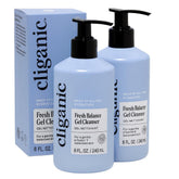 Cliganic Hydrating Gel Cleanser bottle pouring for a gentle makeup removal and refreshing cleanse.