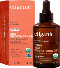 Cliganic Sea Buckthorn Oil bottle shows pure formula for skin nourishment and hydration.