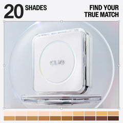 Twenty shade swatches demonstrating diverse skin-tone matching with a natural finish.