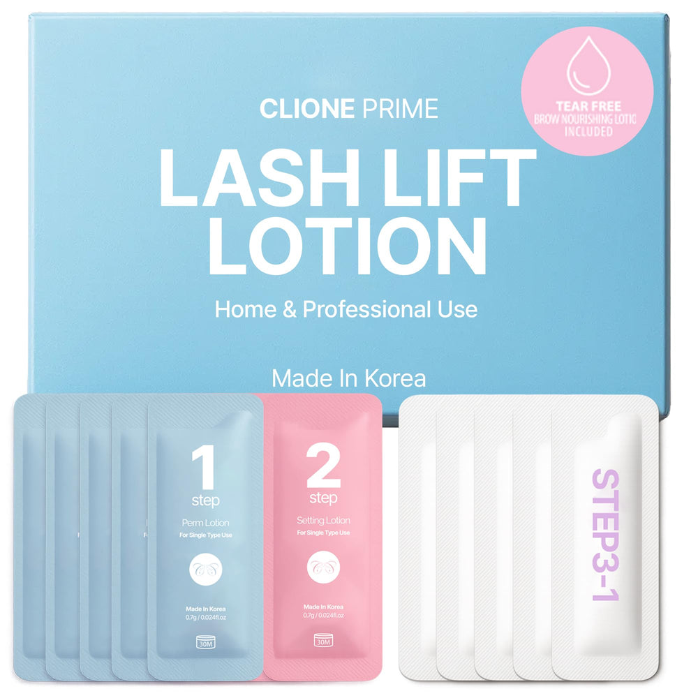 CLIONE PRIME lash lift lotion sachets shown in packaging for freshness.