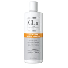 CLn 2-in-1 gentle wash bottle shows fragrance-free cleansing for sensitive skin.