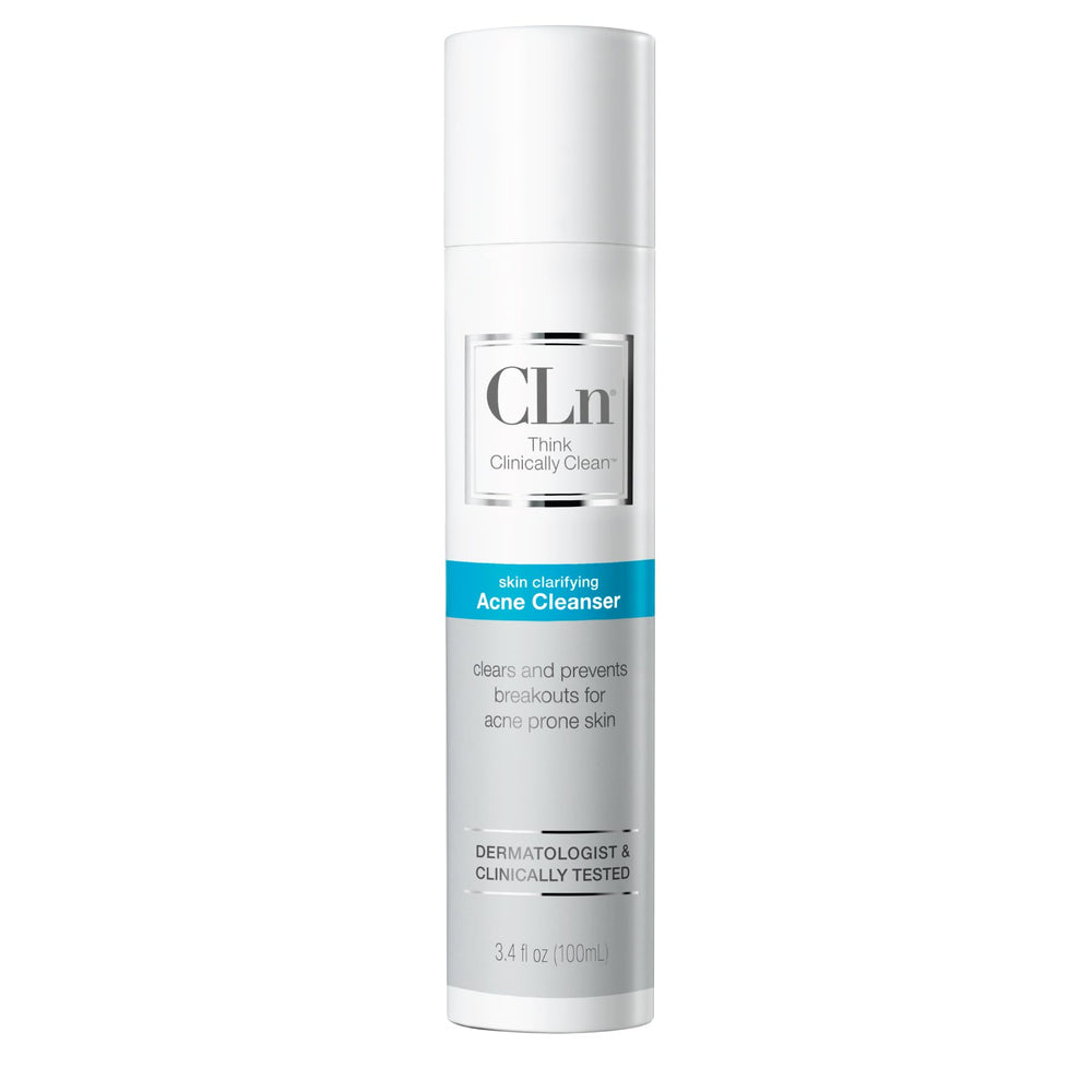 CLn Acne Cleanser bottle front showing fragrance-free, oil-free formula for clear skin.