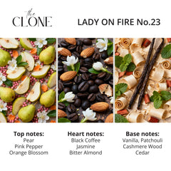 Clone Lady on Fire 23 bottle side view, luxurious scent profile for evenings.