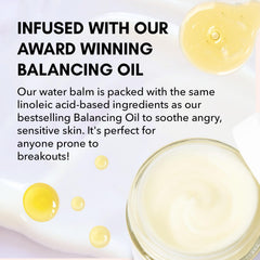 Clover Balancing Water Balm ingredients panel highlights ceramides and peptides.