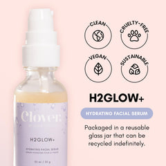 Clover H2Glow+ serum drop closeup highlighting rich texture for hydration.