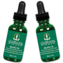 Clubman Pinaud beard oil bottle showing a glossy finish for a frizz-free look.