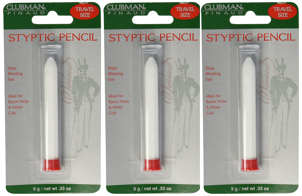Clubman Pinaud styptic pencil travel-pack close-up for quick nick stopping on the go.
