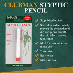 Close-up of Clubman Styptic Pencil ready to stop a shaving nick.