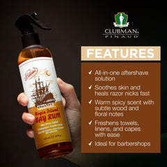 Clubman Virgin Island Bay Rum spray label closeup showing scent notes and branding.