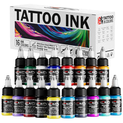 CNC Tattoo Ink Set 16 colors bottle close-up for precise lining