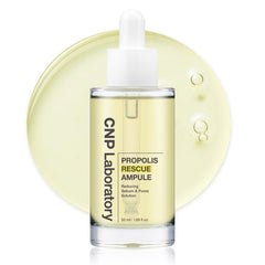 CNP Rescue+Propolis Serum bottle closeup showing soothing hydration for sensitive skin