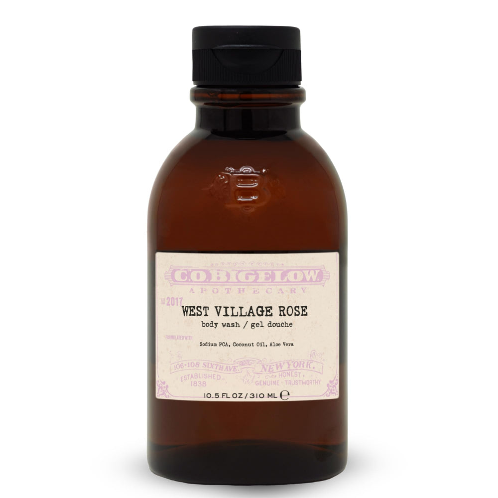C.O. Bigelow West Village Rose Body Wash bottle on a bathroom shelf, moisturizing formula.