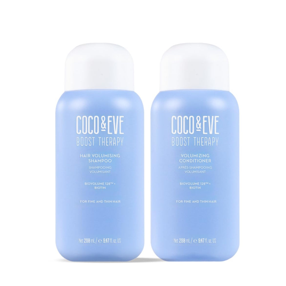 Coco & Eve Boost Therapy shampoo bottle signals volumizing care for fine hair
