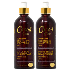 Cocoa Glow Supreme Brightening Beauty Milk bottle—deep hydration with cocoa butter for improved elasticity.