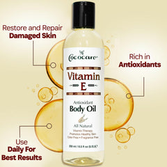 COCOCARE Vitamin E oil close-up texture highlights silky finish and fast absorption.