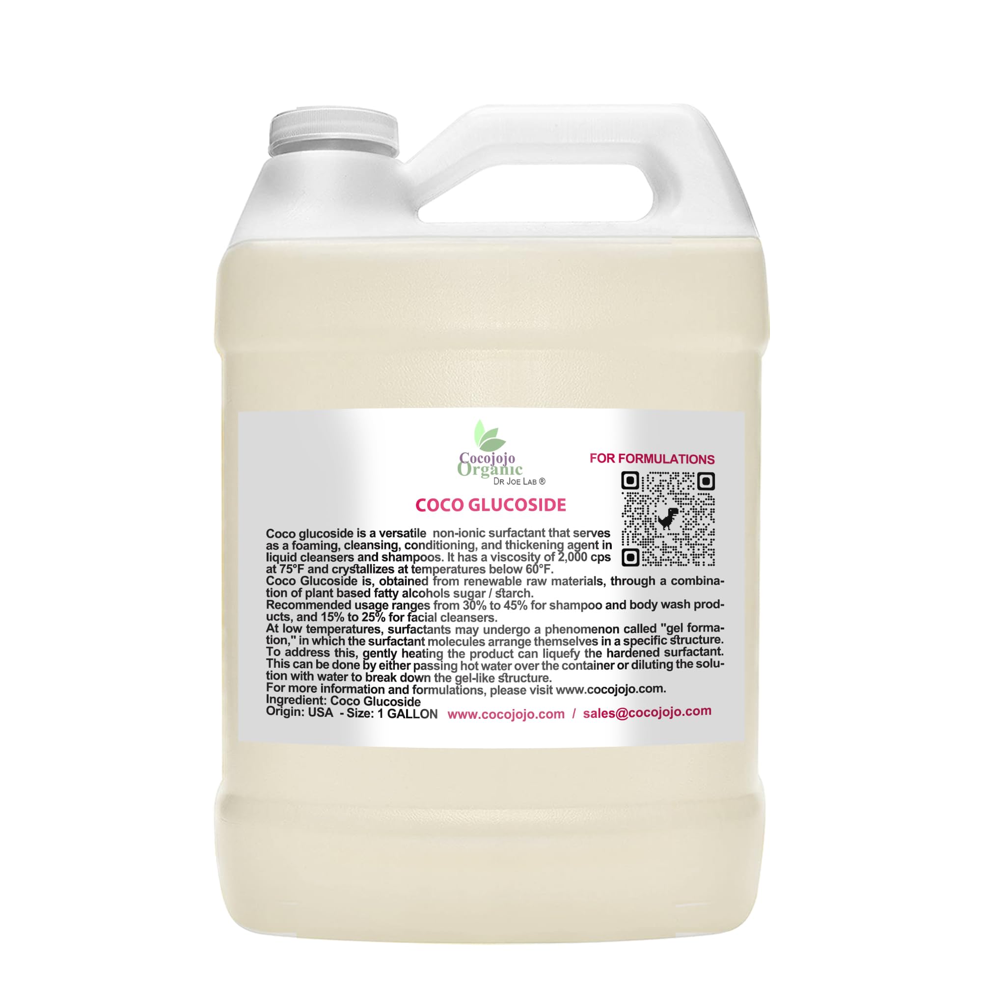Cocojojo Coco Glucoside surfactant bottle pour demonstrates gentle cleansing for sensitive skin.