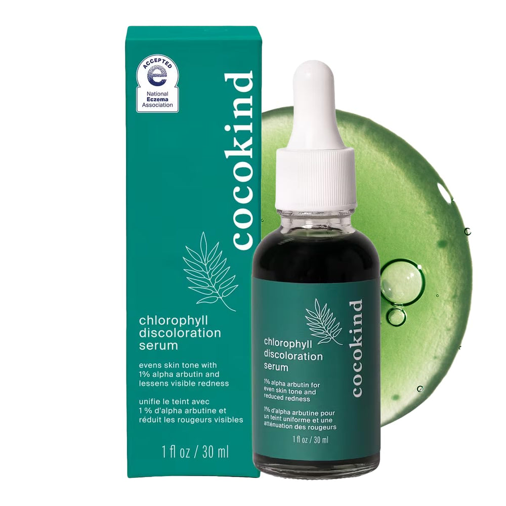 Cocokind Chlorophyll Discoloration Serum bottle with dropper for gentle spot fading.