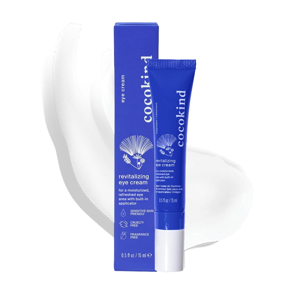 Cocokind Revitalizing Eye Cream jar shown, boosts hydration for refreshed eye area.
