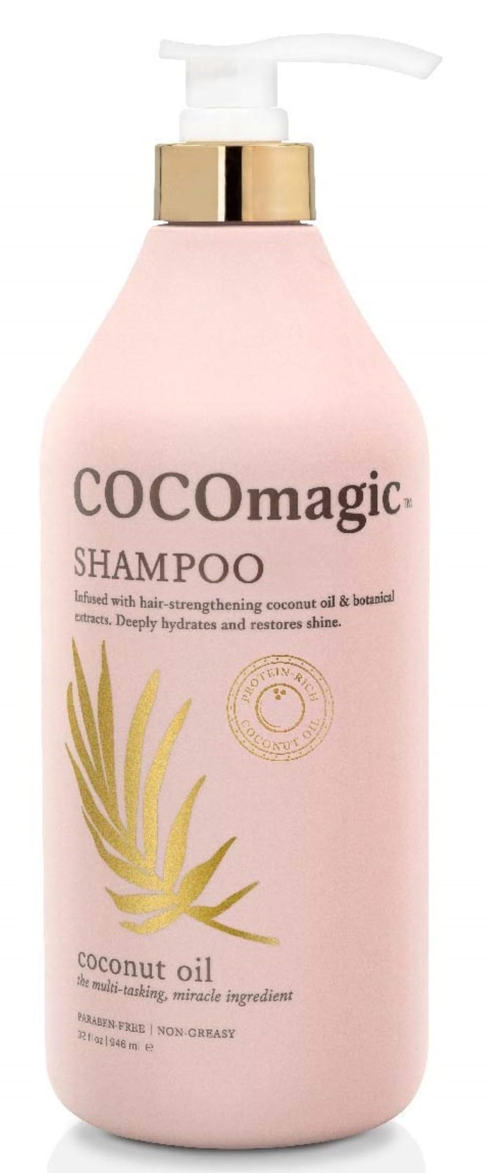 CocoMagic Nourishing Shampoo bottle pouring coconut oil for hydration
