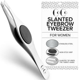 Coco's Closet slant-tip tweezers close-up showing precise grip for fine brow hairs