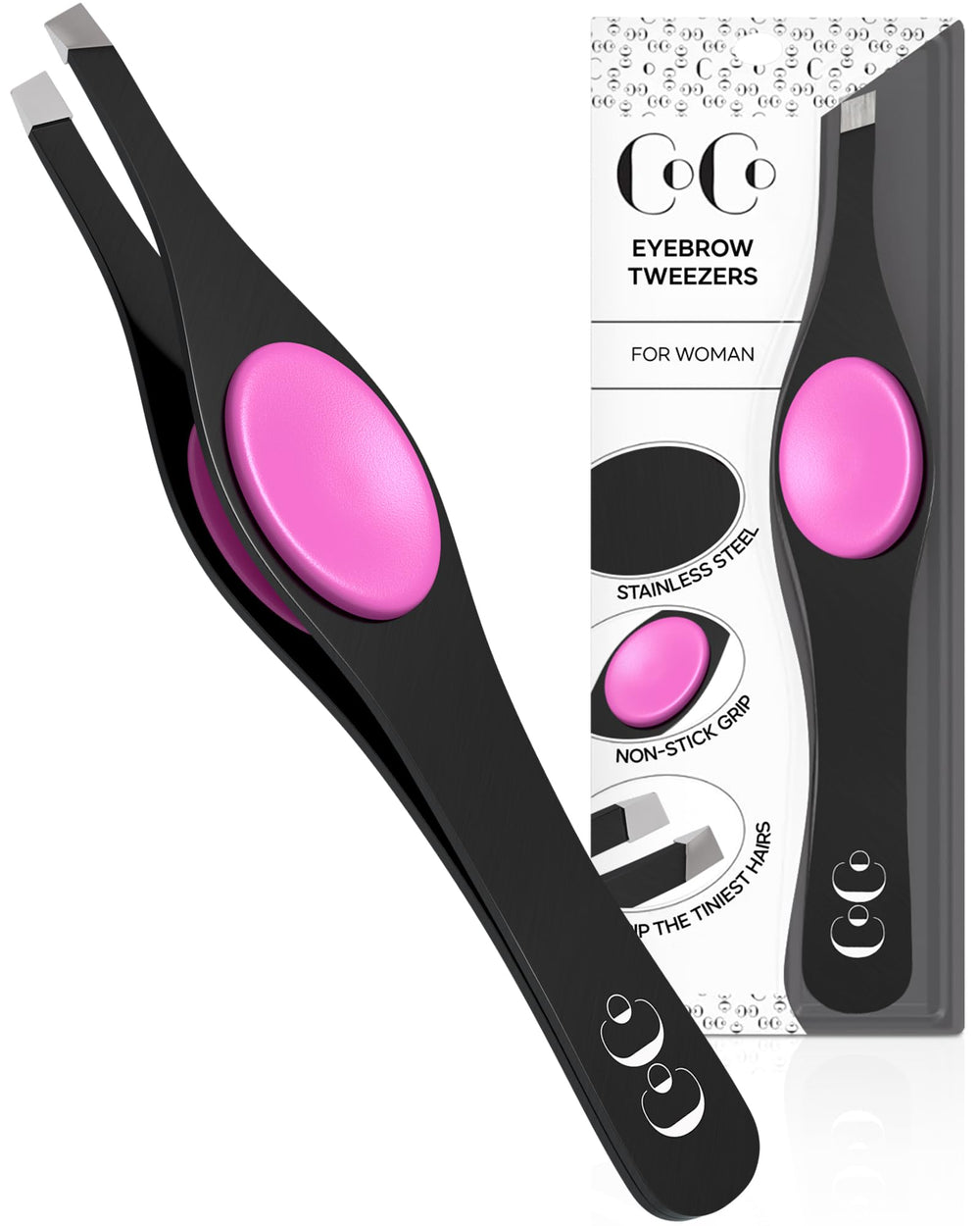 Coco's Closet tweezers slant tip closeup for precise hair removal and clean lines.