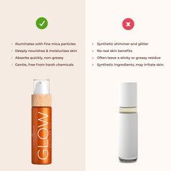 Close-up shows shimmering particles on skin creating sun-kissed radiance.
