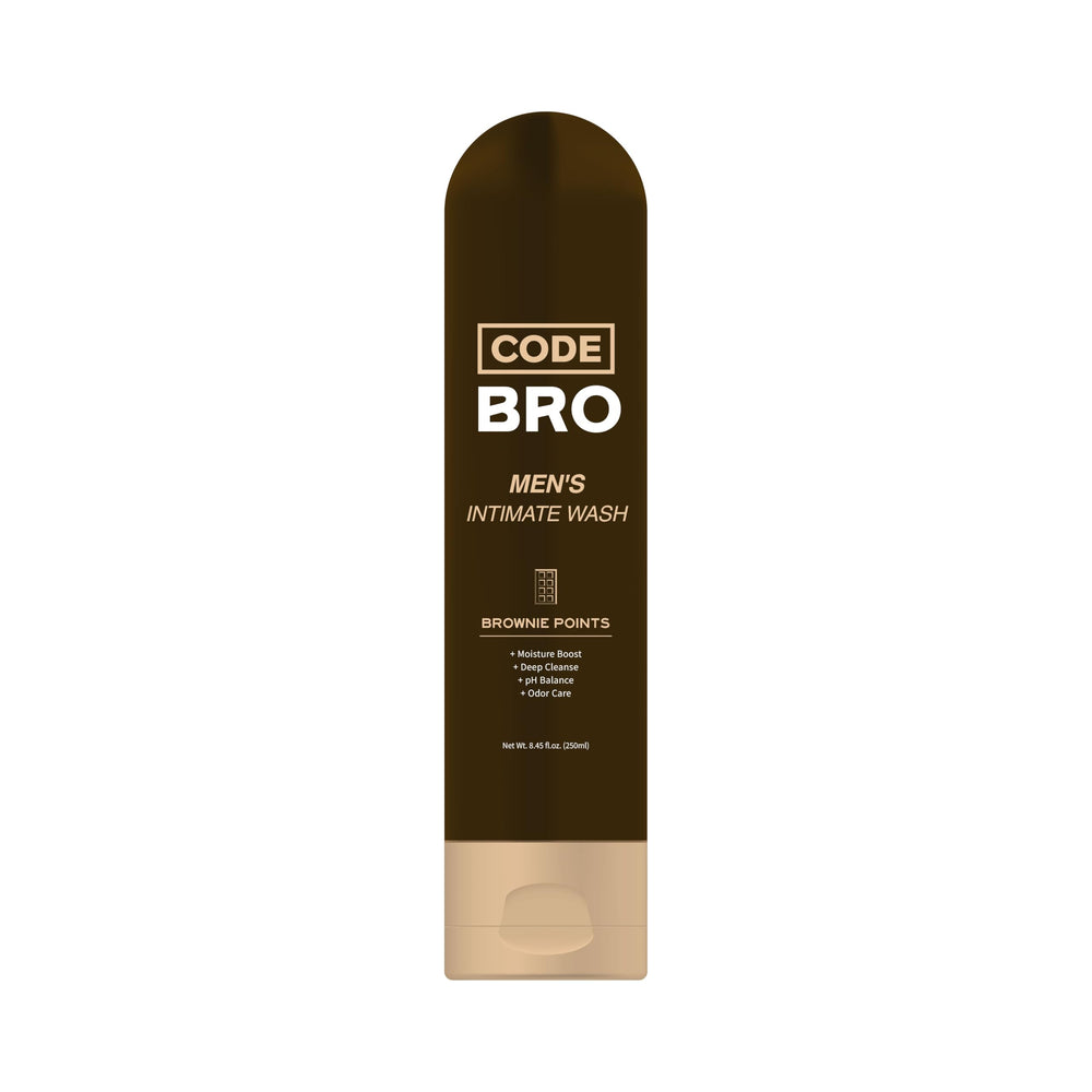 Code Bro Brownie Point wash bottle pour demonstrates deep hydration for intimate skin.