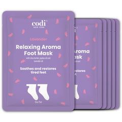 Codi New York Relaxing Aroma Foot Mask packaging showing lavender hydration benefits for feet.