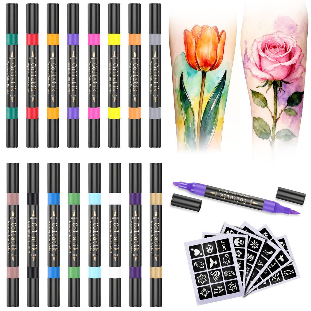 Coliatik 16-color dual-tip markers for vibrant skin art.
