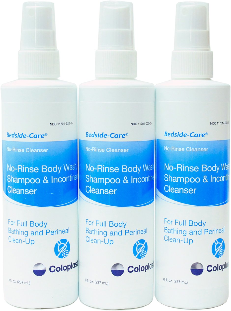 Coloplast bedside-care body wash spray ready for bedside use, rinse-free cleansing.