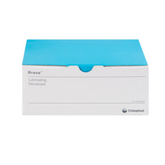 Coloplast Brava lubricating deodorant sachet box closeup highlights compact, on-the-go packaging.