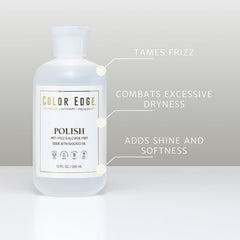 Color Edge Polish is applied to hair to demonstrate detangling and added shine.
