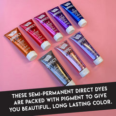 Color Lux Direct Vibes Magenta hair application scene for quick, fade-resistant color.
