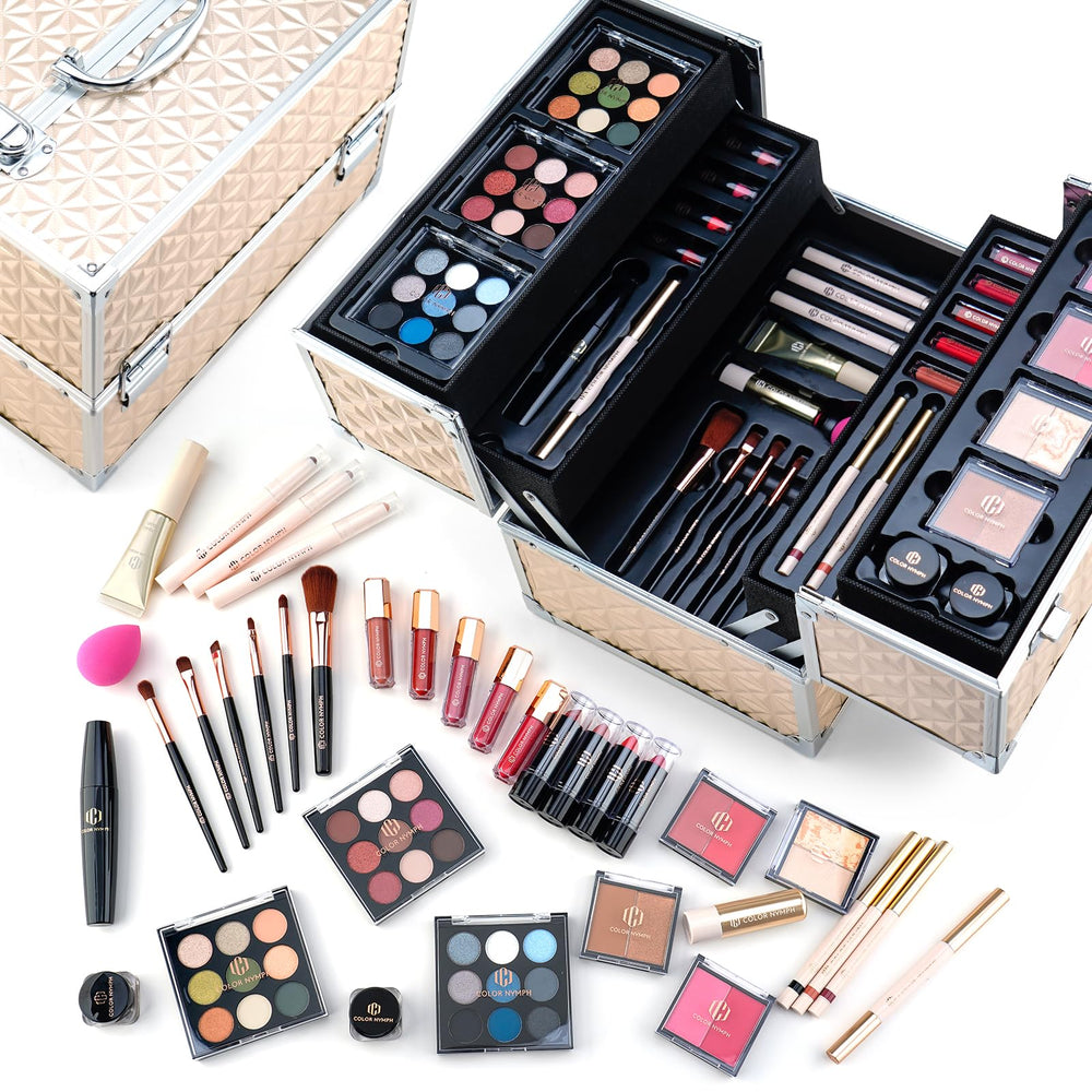 Color Nymph gold train case, closed, ideal for portable makeup storage on the go.
