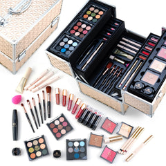Color Nymph gold train case, closed, ideal for portable makeup storage on the go.