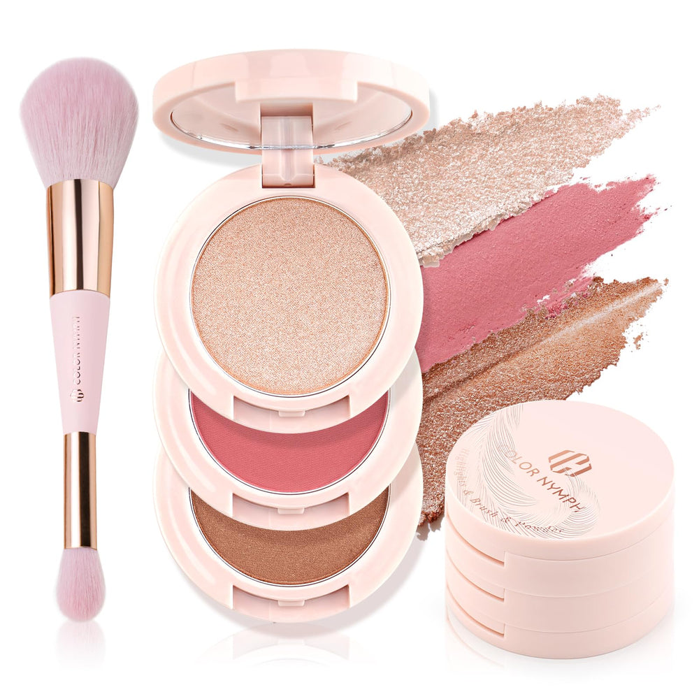 Color Nymph palette open view with blush, contour, and highlighter swatches for versatile looks.