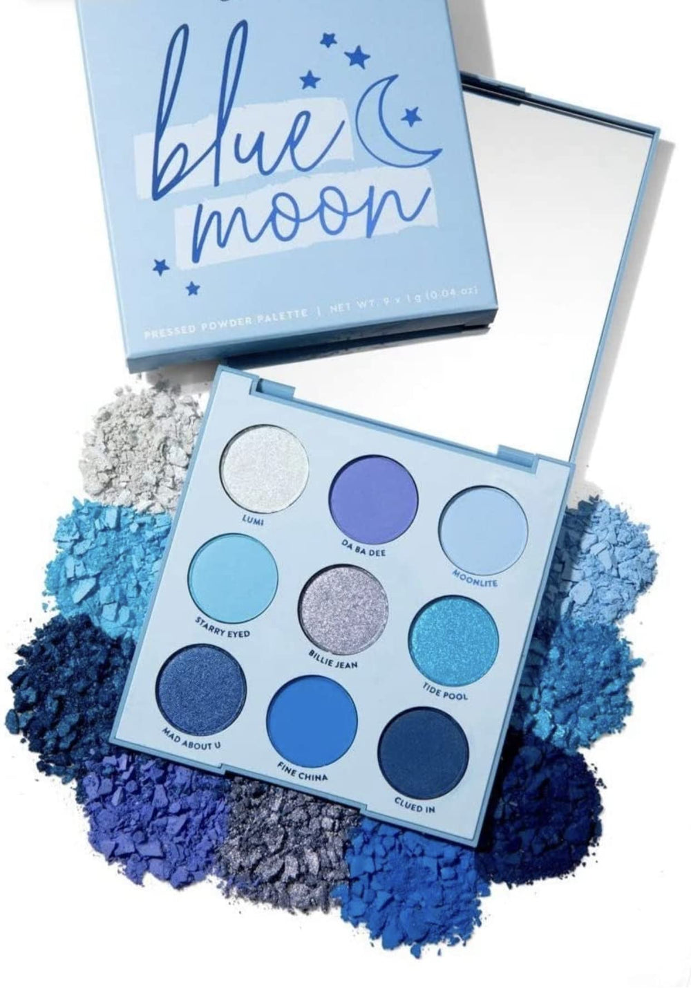 ColourPop Blue Moon palette front with bold blues for creative eye looks