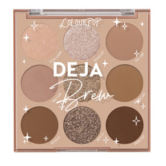 ColourPop Deja Brew palette opened, showing cool-toned nude shades for day-to-night looks