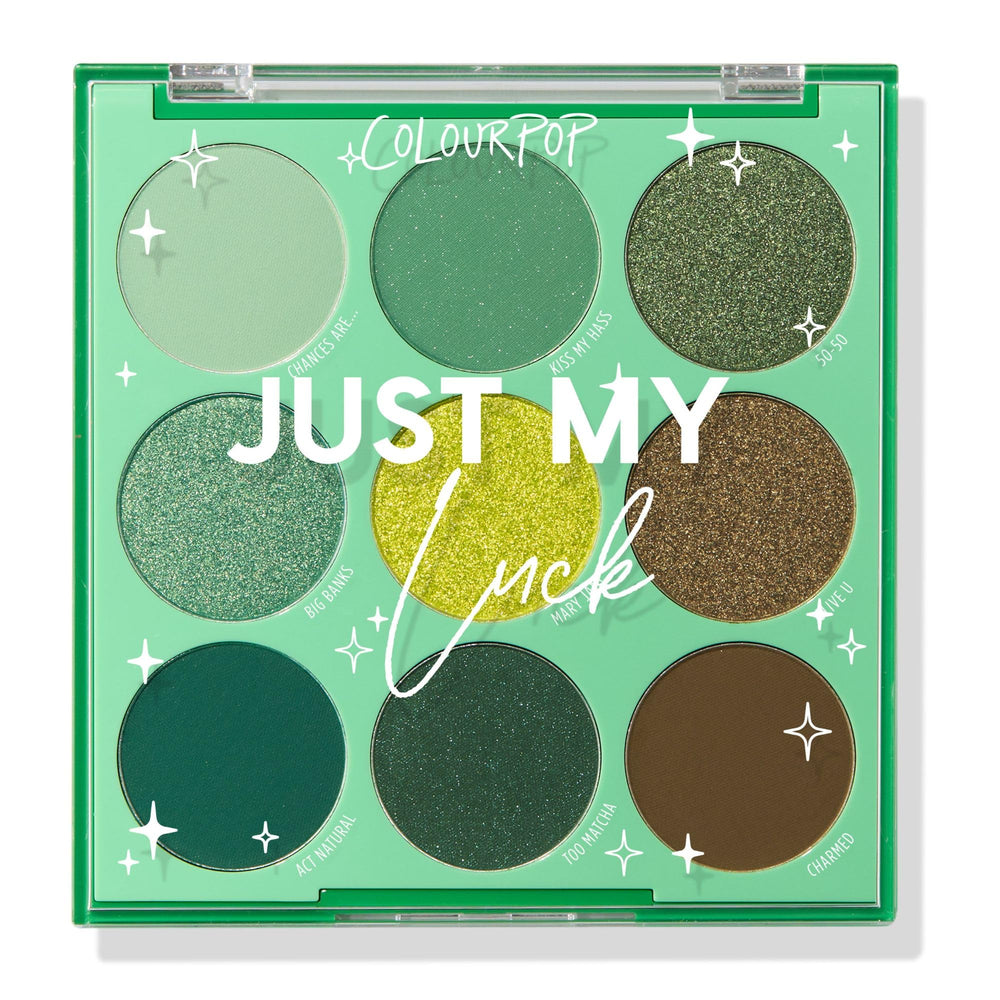 ColourPop Just My Luck palette cover with greens and neutrals for versatile looks.